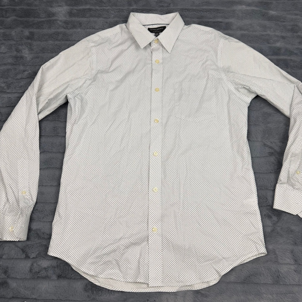 Banana Republic Mens Non-Iron Slim Fit Shirt White Navy Micro Floral M 15-15.5